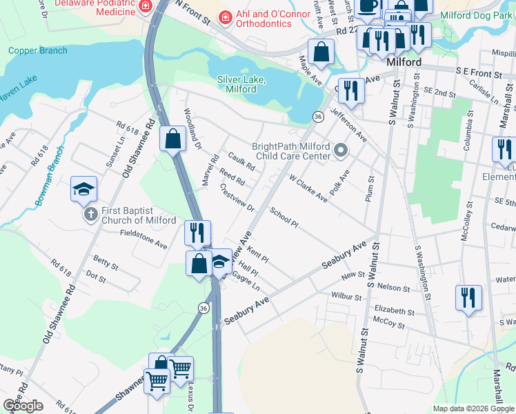 map of restaurants, bars, coffee shops, grocery stores, and more near 361 Bay Avenue in Milford
