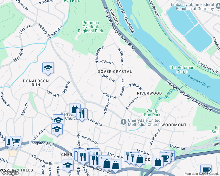 map of restaurants, bars, coffee shops, grocery stores, and more near 2515 North Quebec Street in Arlington