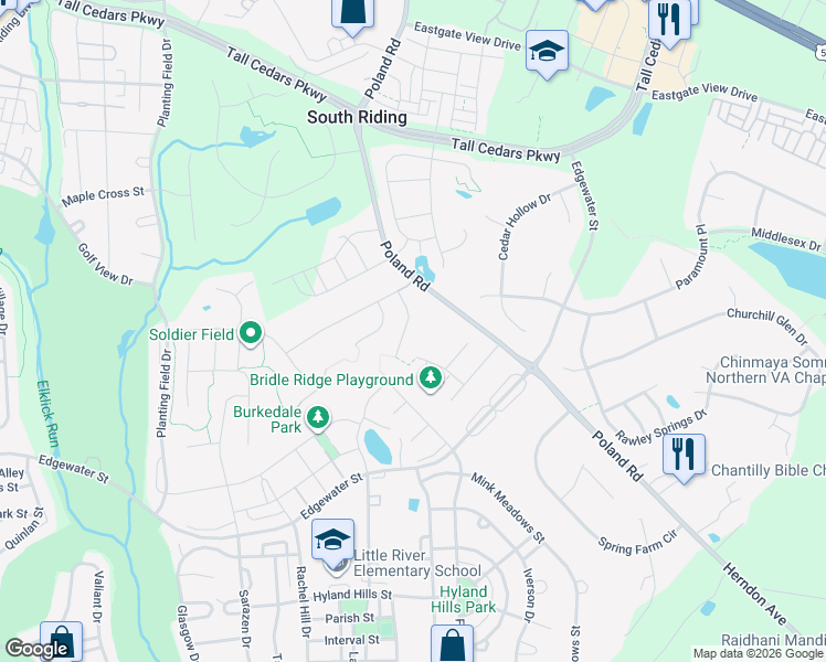 map of restaurants, bars, coffee shops, grocery stores, and more near 25714 Meadowhouse Court in South Riding