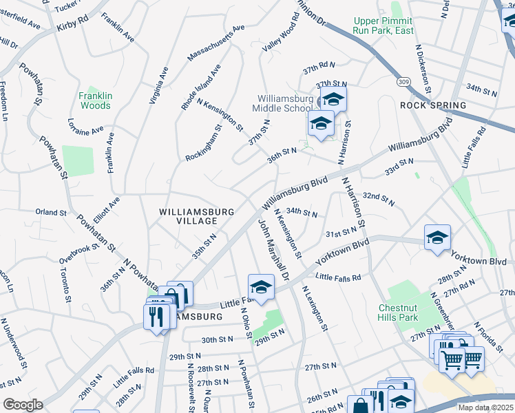 map of restaurants, bars, coffee shops, grocery stores, and more near 3403 John Marshall Drive in Arlington