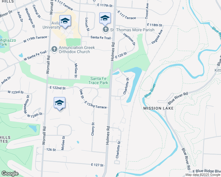 map of restaurants, bars, coffee shops, grocery stores, and more near Holmes Rd & E 122nd St in Kansas City