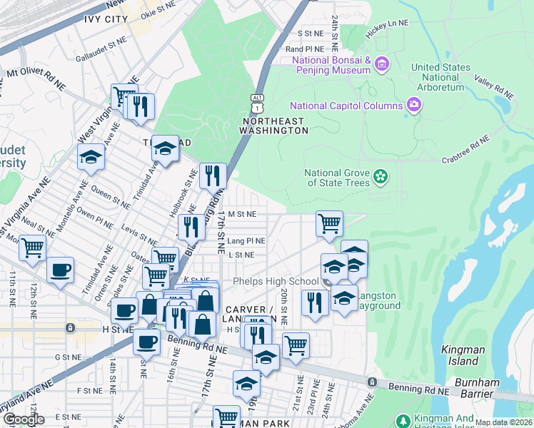 map of restaurants, bars, coffee shops, grocery stores, and more near M St NE & 19th St NE in Washington