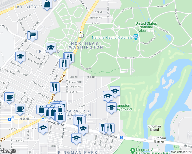 map of restaurants, bars, coffee shops, grocery stores, and more near M Street Northeast in Washington