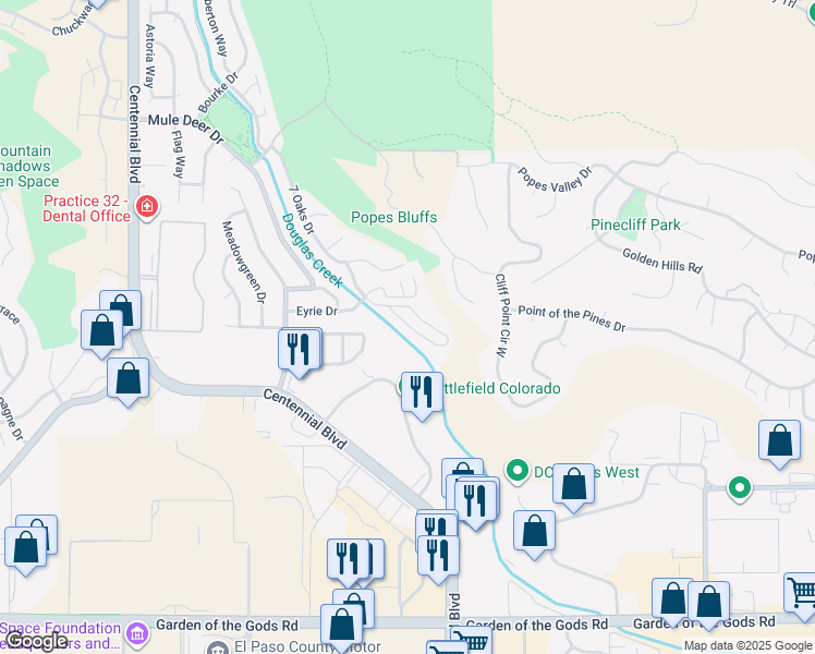 map of restaurants, bars, coffee shops, grocery stores, and more near 1577 Territory Trail in Colorado Springs