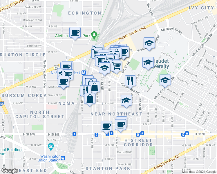 map of restaurants, bars, coffee shops, grocery stores, and more near 453 M Street Northeast in Washington