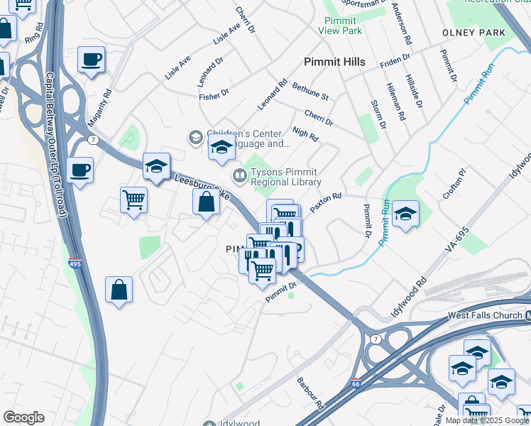map of restaurants, bars, coffee shops, grocery stores, and more near 2042 Peach Orchard Drive in Falls Church