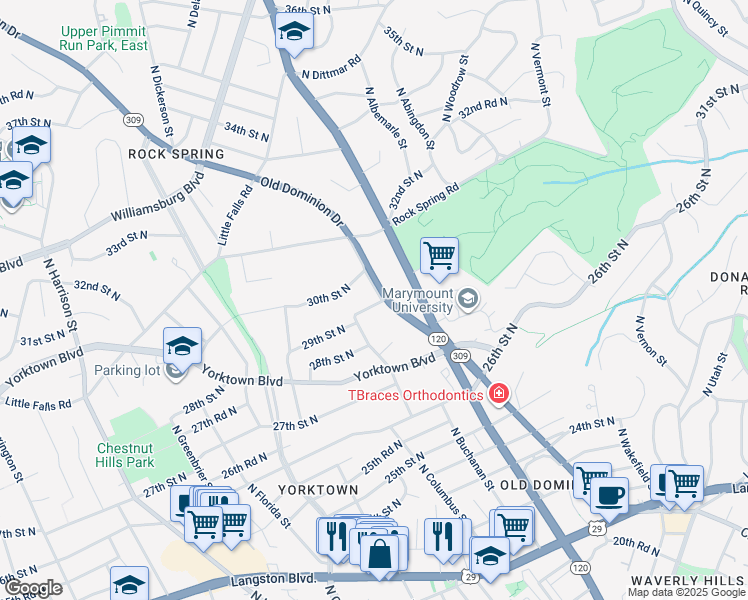 map of restaurants, bars, coffee shops, grocery stores, and more near 4801 29th Street North in Arlington