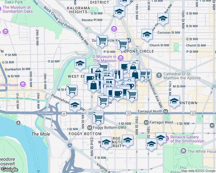map of restaurants, bars, coffee shops, grocery stores, and more near 1200 New Hampshire Avenue Northwest in Washington