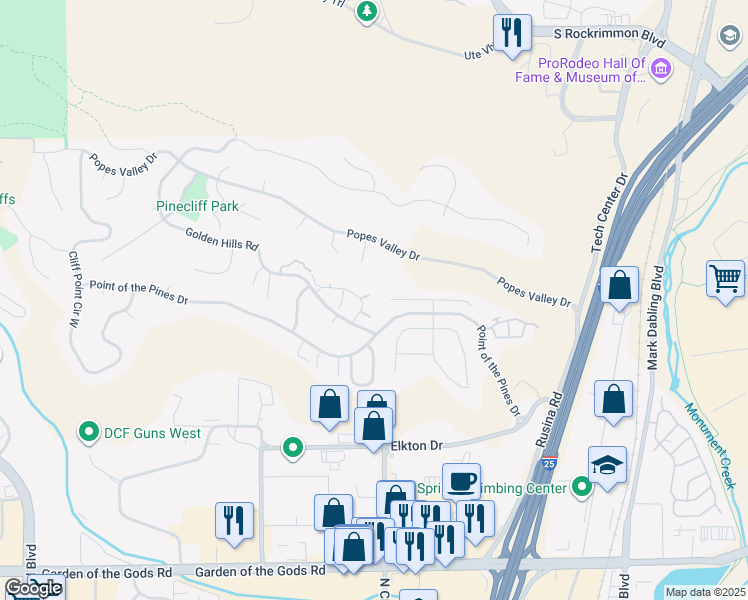 map of restaurants, bars, coffee shops, grocery stores, and more near 550 Autumn Crest Circle in Colorado Springs