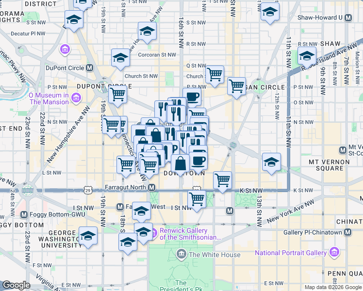 map of restaurants, bars, coffee shops, grocery stores, and more near 1550 M Street Northwest in Washington