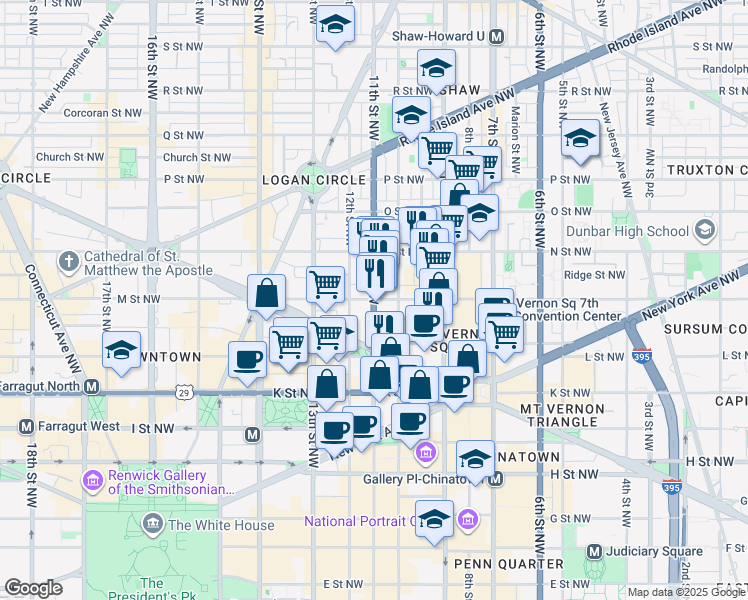 map of restaurants, bars, coffee shops, grocery stores, and more near M Street Northwest & 11th Street Northwest in Washington