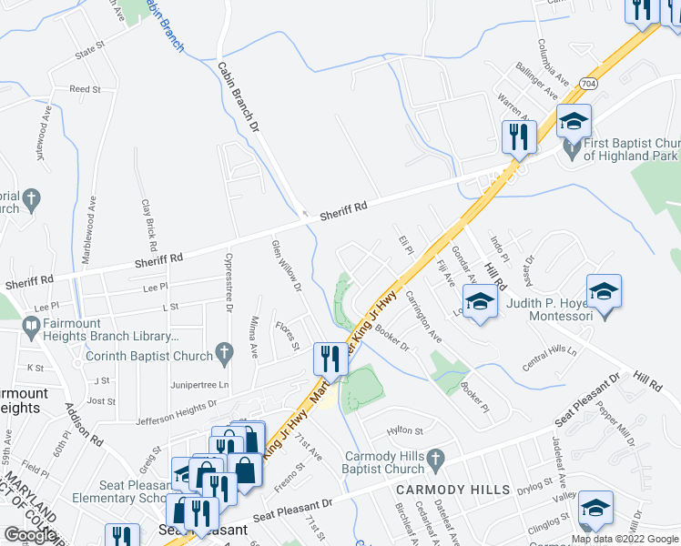 map of restaurants, bars, coffee shops, grocery stores, and more near 1250 Booker Terrace in Capitol Heights
