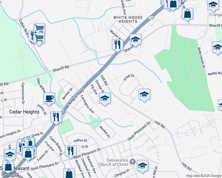 map of restaurants, bars, coffee shops, grocery stores, and more near 1105 Hill Road in Hyattsville