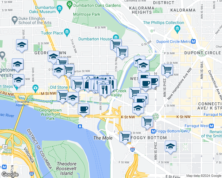 map of restaurants, bars, coffee shops, grocery stores, and more near 2715 M Street Northwest in Washington