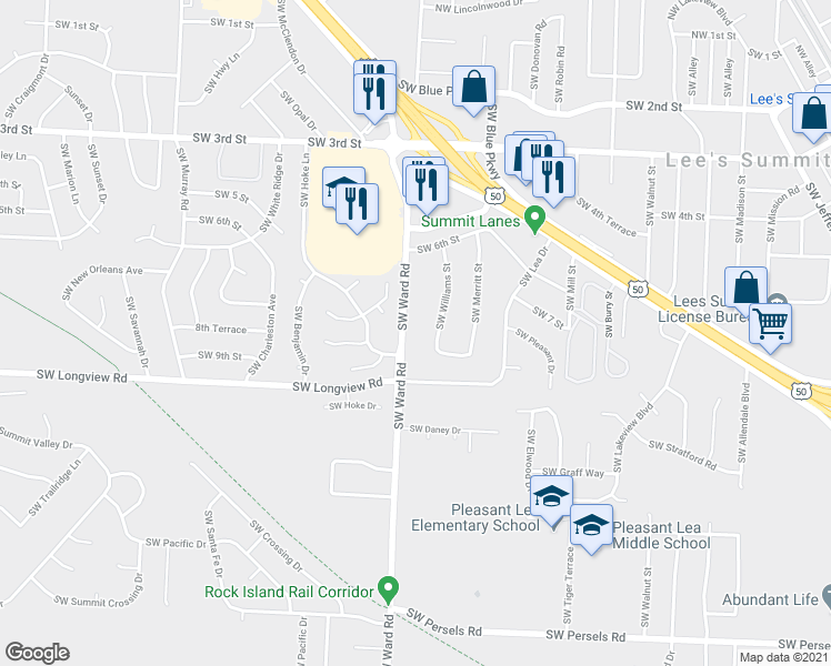 map of restaurants, bars, coffee shops, grocery stores, and more near 701 Southwest Ward Road in Lee's Summit