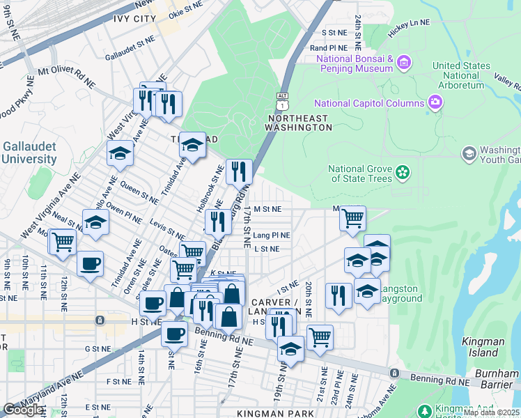 map of restaurants, bars, coffee shops, grocery stores, and more near 1726 M Street Northeast in Washington