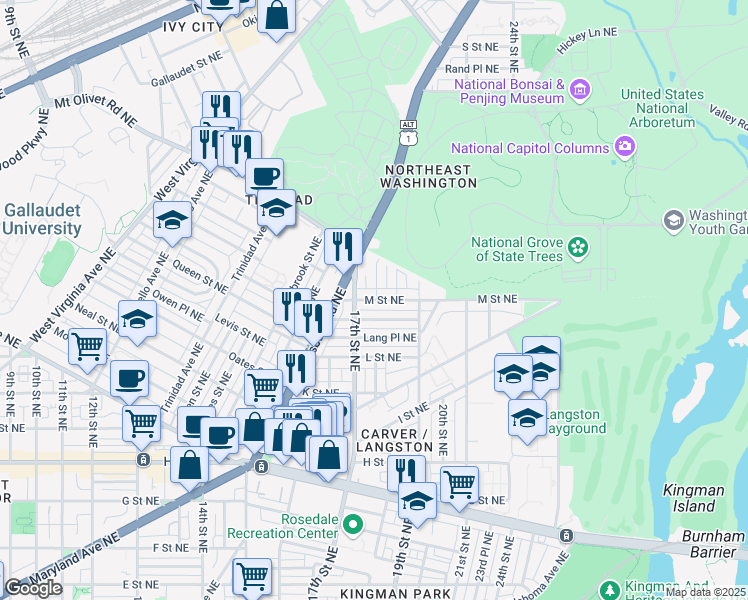map of restaurants, bars, coffee shops, grocery stores, and more near 1730 M Street Northeast in Washington