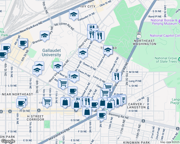 map of restaurants, bars, coffee shops, grocery stores, and more near 101 Independence Avenue Southeast in Washington