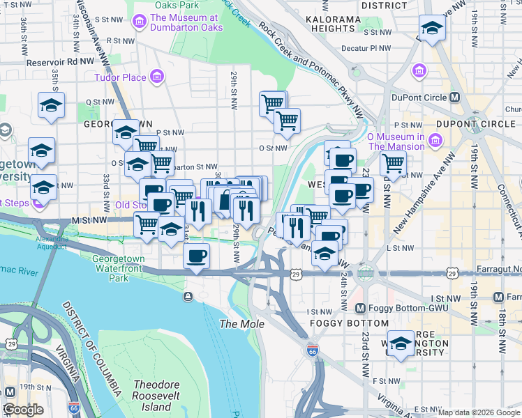 map of restaurants, bars, coffee shops, grocery stores, and more near 2715 M Street Northwest in Washington