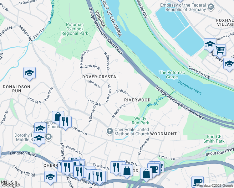 map of restaurants, bars, coffee shops, grocery stores, and more near 3800 27th Street North in Arlington