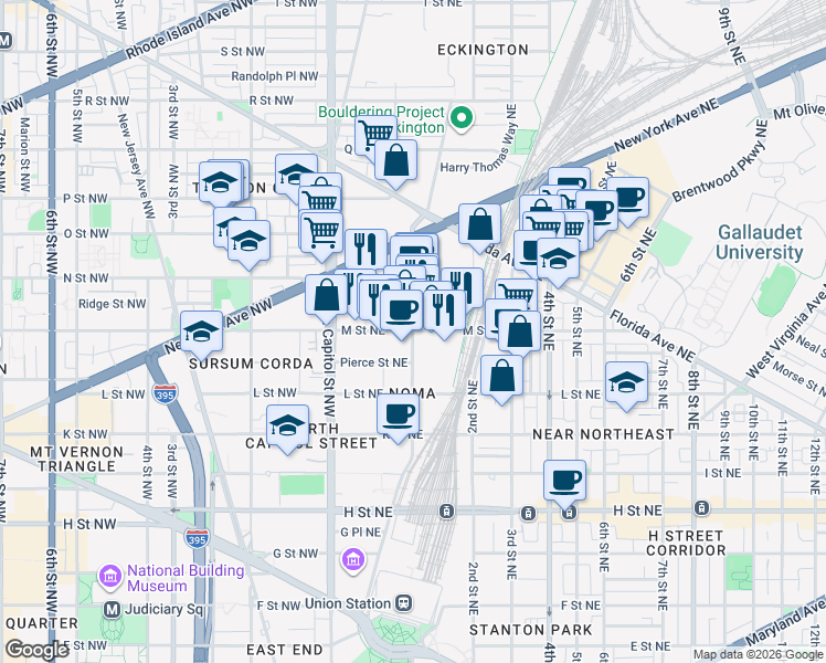 map of restaurants, bars, coffee shops, grocery stores, and more near 1st St NE & M St NE in Washington