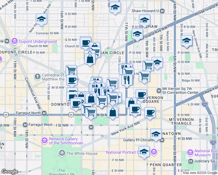 map of restaurants, bars, coffee shops, grocery stores, and more near 13th St NW & M St NW in Washington