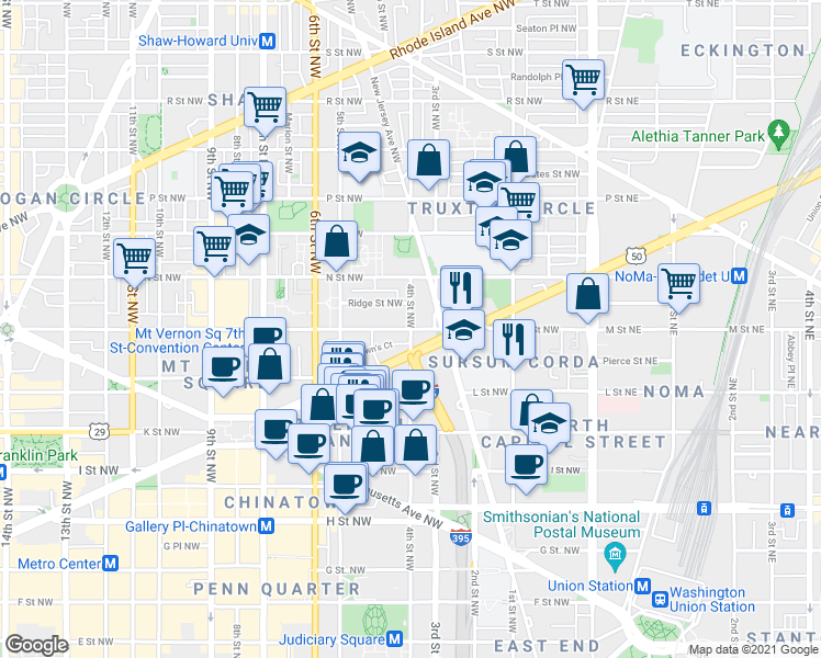 map of restaurants, bars, coffee shops, grocery stores, and more near M St NW & 4th St NW in Washington