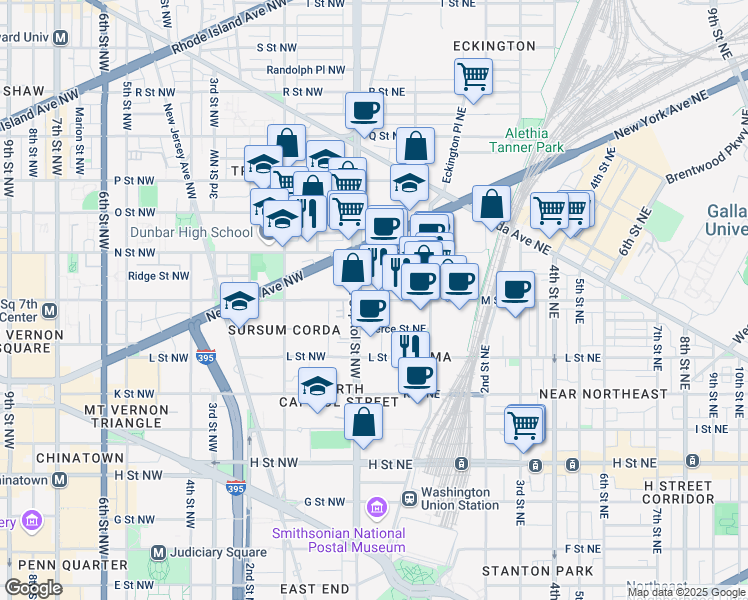map of restaurants, bars, coffee shops, grocery stores, and more near 22 M Street Northeast in Washington