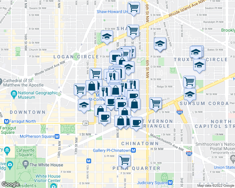 map of restaurants, bars, coffee shops, grocery stores, and more near 9th St NW & M St NW in Washington