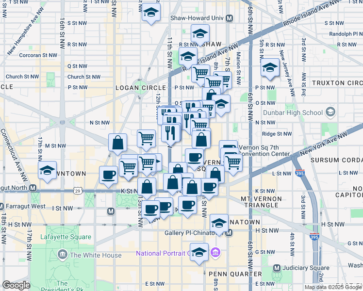 map of restaurants, bars, coffee shops, grocery stores, and more near M St NW & 10th St NW in Washington