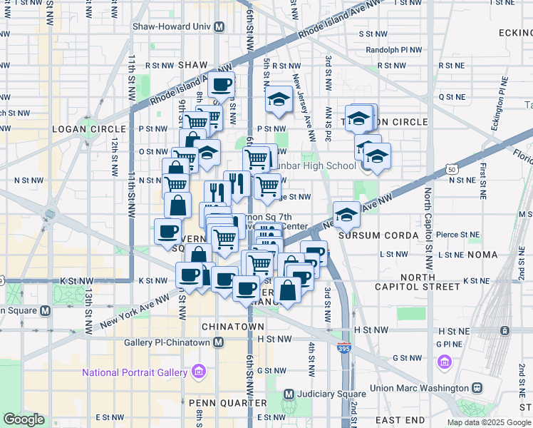 map of restaurants, bars, coffee shops, grocery stores, and more near M St NW & 5th St NW in Washington