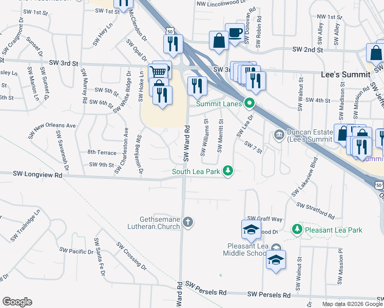 map of restaurants, bars, coffee shops, grocery stores, and more near 701 Southwest Ward Road in Lee's Summit