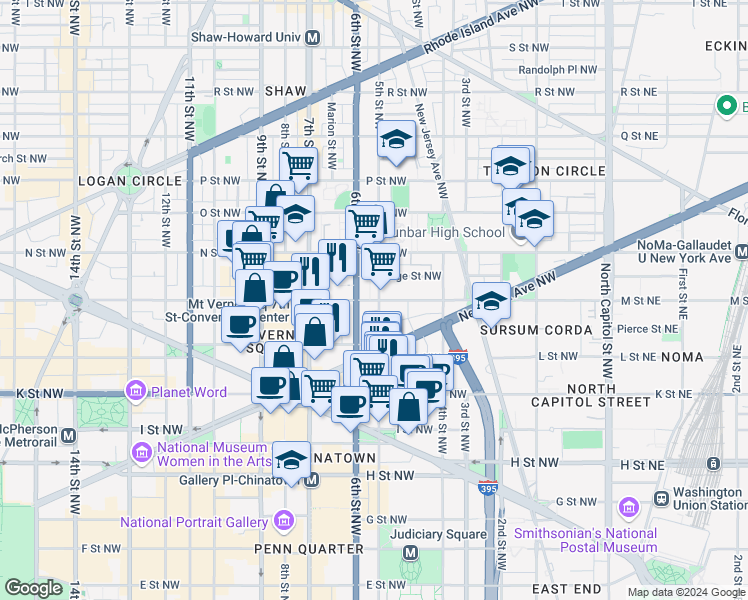 map of restaurants, bars, coffee shops, grocery stores, and more near M Street Northwest in Washington