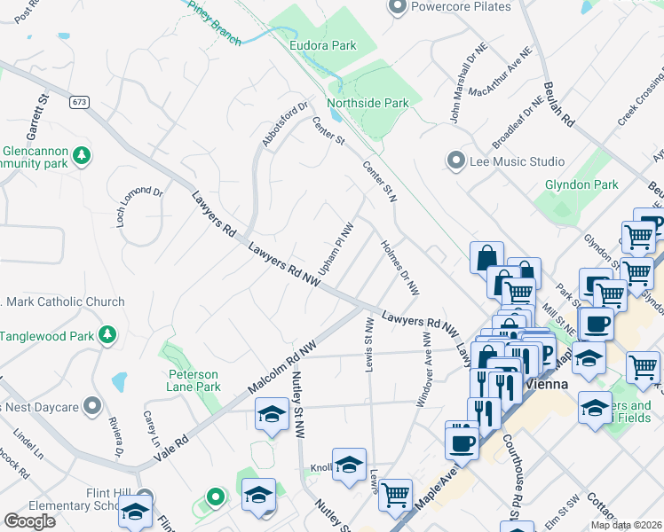map of restaurants, bars, coffee shops, grocery stores, and more near 605 Upham Place Northwest in Vienna