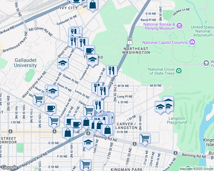 map of restaurants, bars, coffee shops, grocery stores, and more near 101 Independence Avenue Southeast in Washington