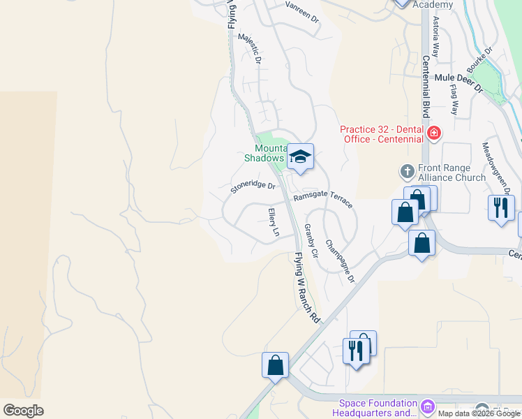 map of restaurants, bars, coffee shops, grocery stores, and more near 2425 Ramsgate Terrace in Colorado Springs
