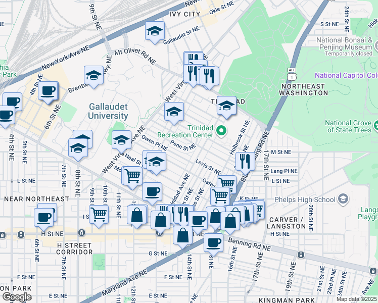 map of restaurants, bars, coffee shops, grocery stores, and more near 1267 Penn Street Northeast in Washington