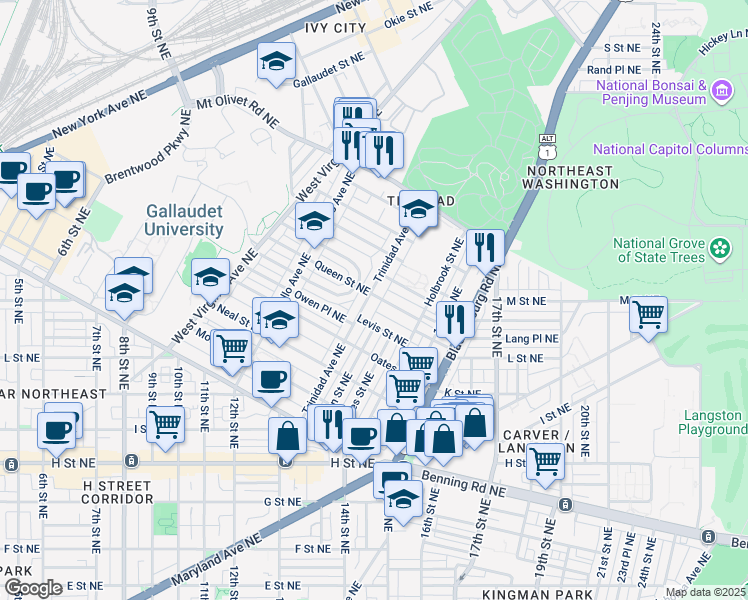map of restaurants, bars, coffee shops, grocery stores, and more near 1525 Trinidad Avenue Northeast in Washington