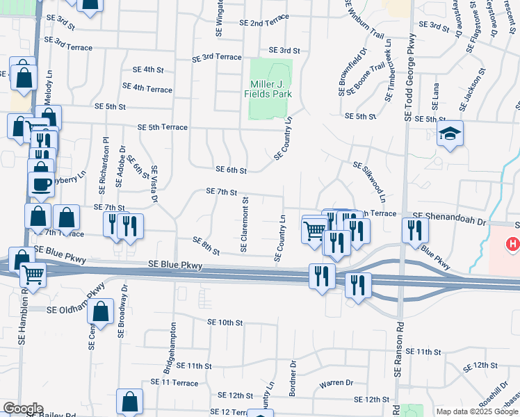 map of restaurants, bars, coffee shops, grocery stores, and more near 1405 Southeast 7th Court in Lee's Summit