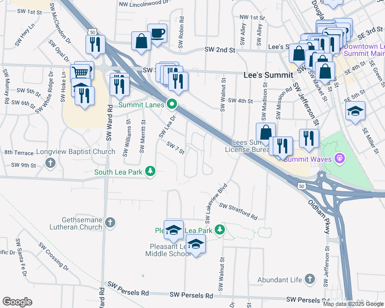map of restaurants, bars, coffee shops, grocery stores, and more near 805 Southwest Mill Street in Lee's Summit