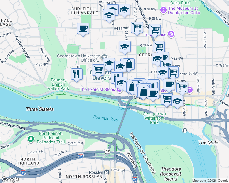 map of restaurants, bars, coffee shops, grocery stores, and more near 3620 Prospect Street in Washington