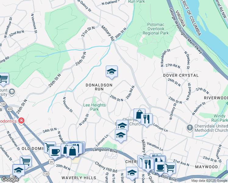 map of restaurants, bars, coffee shops, grocery stores, and more near 2511 North Stuart Street in Arlington