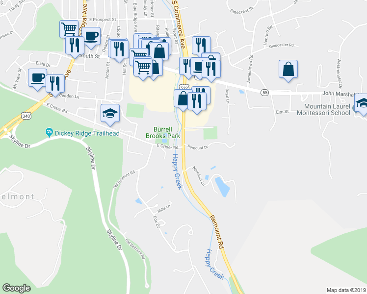 map of restaurants, bars, coffee shops, grocery stores, and more near 500 Route 522 in Front Royal