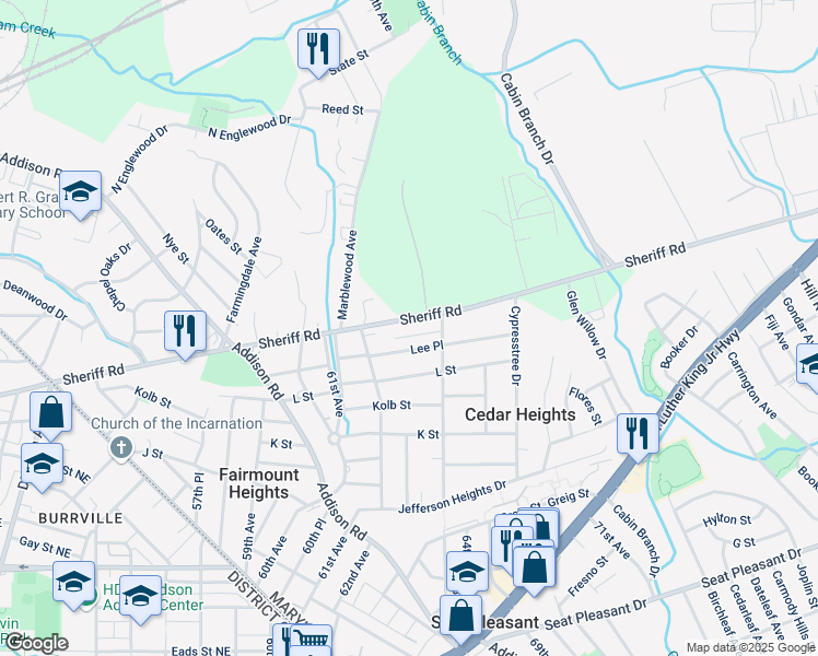 map of restaurants, bars, coffee shops, grocery stores, and more near 5627 Sheriff Road in Capitol Heights