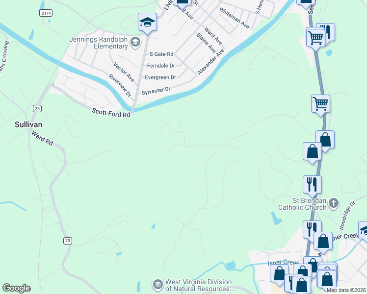 map of restaurants, bars, coffee shops, grocery stores, and more near Logan Dr in Elkins