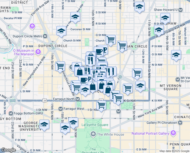 map of restaurants, bars, coffee shops, grocery stores, and more near 1201 16th Street Northwest in Washington