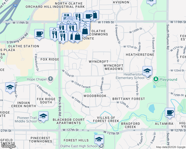 map of restaurants, bars, coffee shops, grocery stores, and more near 12291 South Shannan Lane in Olathe
