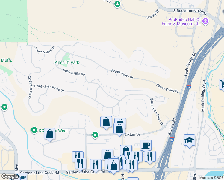 map of restaurants, bars, coffee shops, grocery stores, and more near 645 Autumn Crest Circle in Colorado Springs