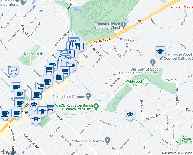 map of restaurants, bars, coffee shops, grocery stores, and more near 320 Berry Street Southeast in Vienna