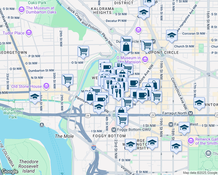 map of restaurants, bars, coffee shops, grocery stores, and more near in Washington